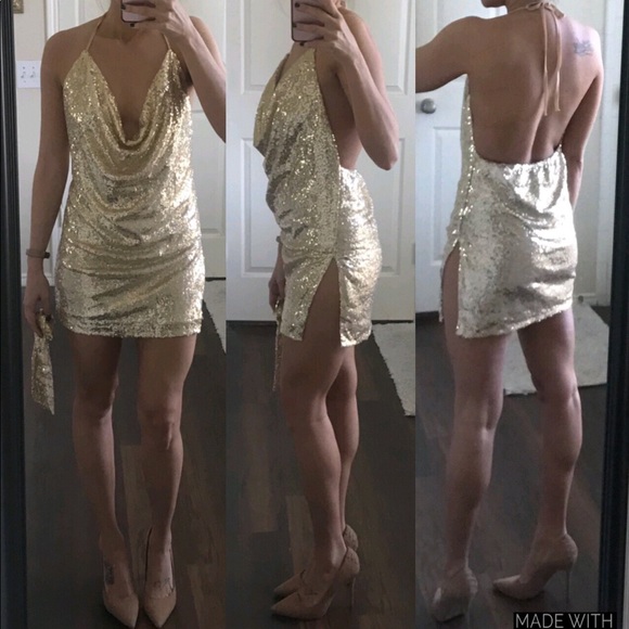 Boohoo Petite Dresses & Skirts - NWT Boohoo gold sequin open back waist tie dress
